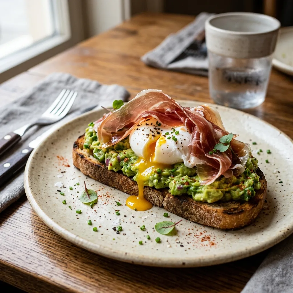 Tosta de guacamole con huevo poché y jamón ibérico